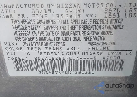 2019 Nissan Sentra S from USA, damaged, VIN 3N1AB7AP0KY326556
